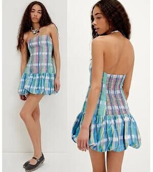 Hansen & Gretel Alaska Mini Dress Womens M Blue Plaid Print Bubble Hem Strapless